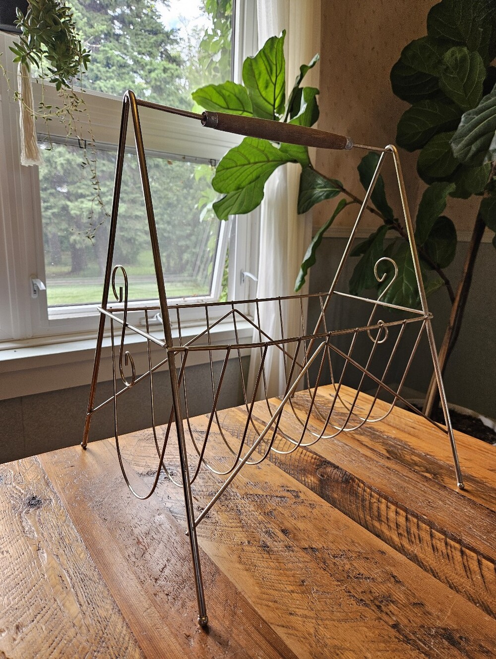 Vintage Wire Magazine Rack w/ wood handle